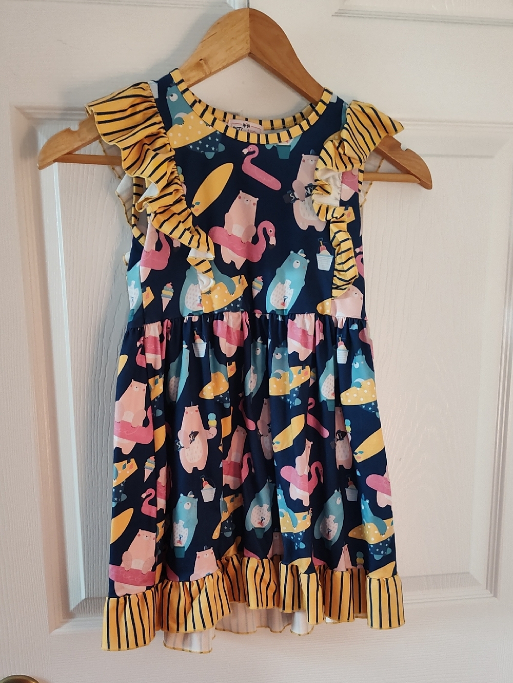Navy Ruffle Play Dress with Pink Flamingo & Yellow Accents